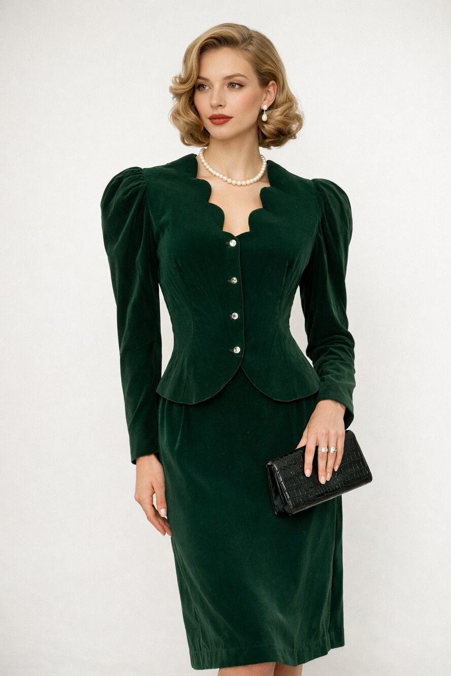 Cachet Vintage Evening Velvet Suit Size 11/12 Emerald Green Jacket Skirt Retro